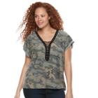 Plus Size Rock & Republic&reg; Lace-up Camouflage Tee, Women's, Size: 1xl, Dark Green