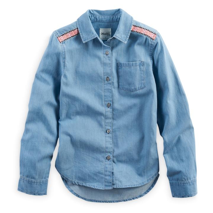 Girls 7-16 & Plus Size Mudd&reg; Embroidered Shoulder Chambray Button-down Shirt, Size: 10, Light Blue