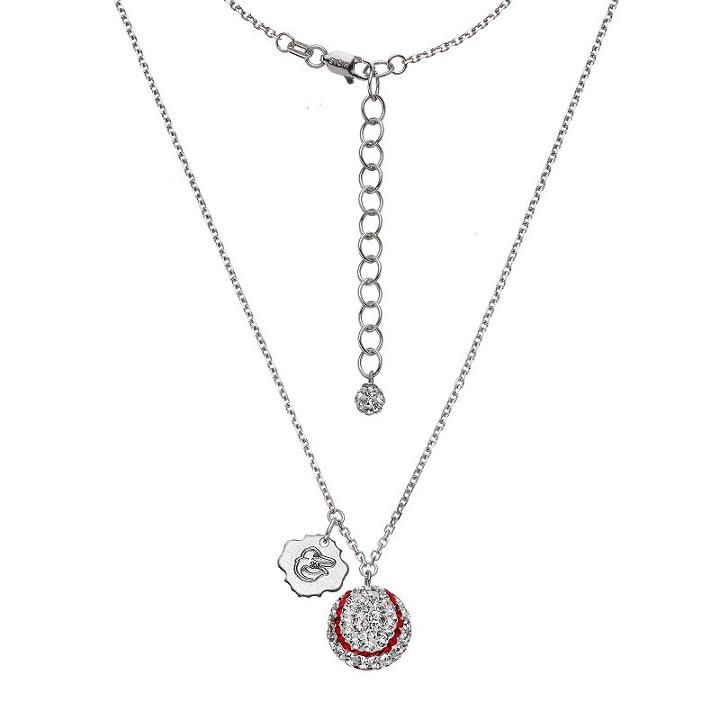 Baltimore Orioles Crystal Sterling Silver Baseball & Logo Charm Necklace, Women's, Size: 18, White