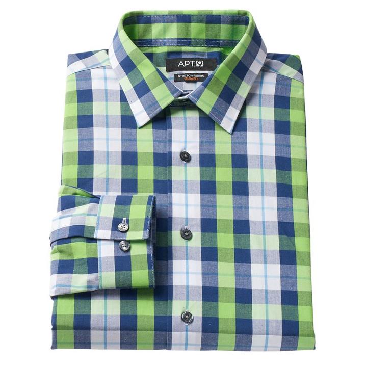 Men's Apt. 9 &reg; Slim-fit Plaid Stretch Dress Shirt, Size: 17.5 36/37, Brt Green