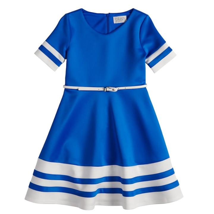 Girls 7-16 Blush Short Sleeve Belted Fit & Flare Scuba Dress, Size: 8, Brt Blue