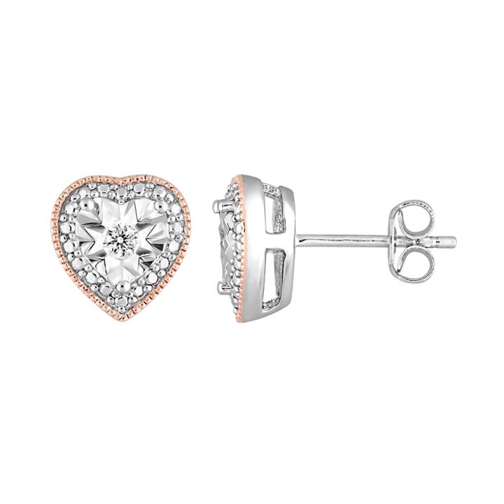 Two Tone Sterling Silver 1/10 Carat T.w. Diamond Heart Stud Earrings, Women's, White