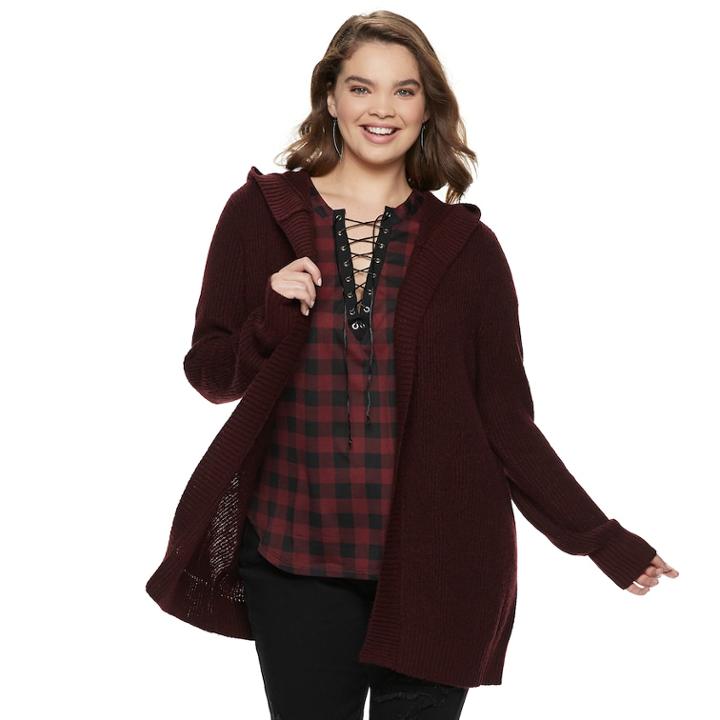 Juniors' Plus Size Mudd&reg; Hooded Cardigan, Teens, Size: 1xl, Dark Red
