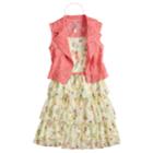 Girls 7-16 Beautees Floral Lace Vest & Tiered Ruffle Belted Dress Set With Necklace, Size: 14, Lt Orange