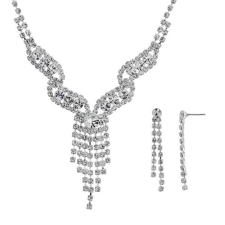 Crystal Allure Fringe Necklace And Linear Drop Earring Set, Women's, Size: 16, White