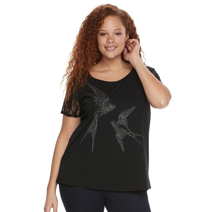 Plus Size Rock & Republic&reg; Embroidered Bird Tee, Women's, Size: 0x, Black