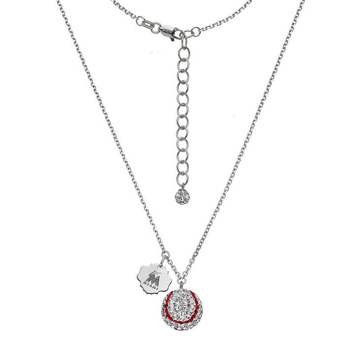 Miami Marlins Crystal Sterling Silver Baseball & Logo Charm Necklace, Women's, Size: 18, White