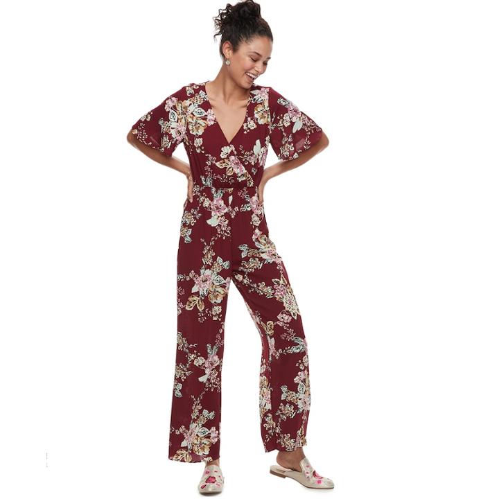 Juniors' Speechless Flutter Sleeve Floral Jumpsuit, Teens, Size: Large, Purple