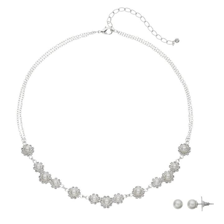 Simulated Pearl Nickel Free Flower Necklace & Stud Earring Set, Women's, White