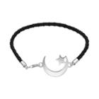 Sterling Silver Crescent Moon Woven Leather Bracelet, Women's, Size: 7.5, Grey