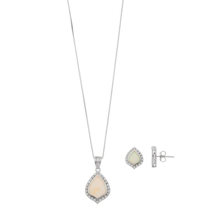 Sterling Silver Lab-created Opal & Cubic Zirconia Pendant & Stud Earring Set, Women's, Blue