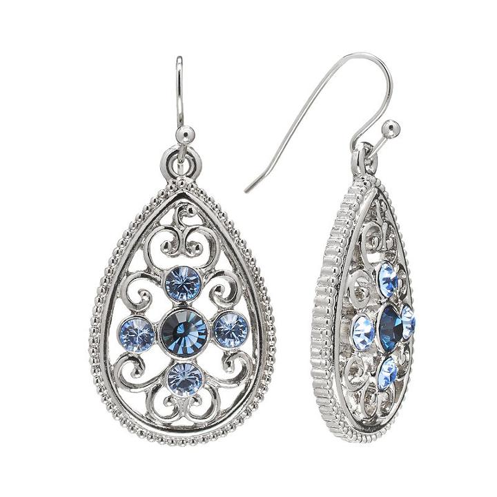 1928 Silver Tone Simulated Crystal Filigree Teardrop Earrings, Teens, Blue