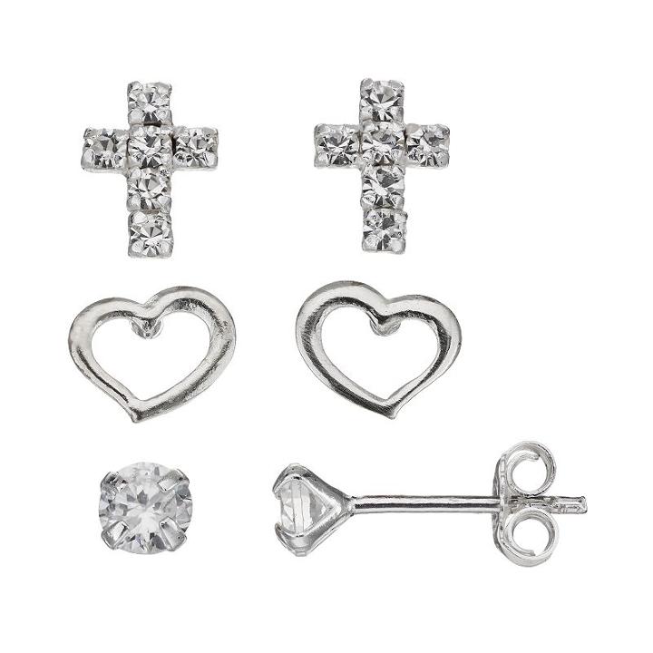 Itsy Bitsy Sterling Silver Cross, Heart & Crystal Stud Earring Set, Women's, White