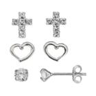 Itsy Bitsy Sterling Silver Cross, Heart & Crystal Stud Earring Set, Women's, White