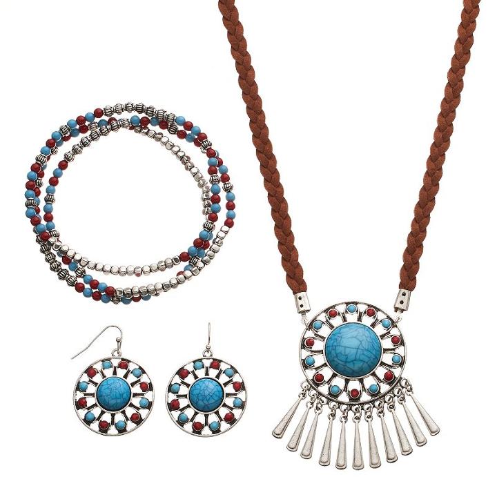 Simulated Turquoise Medallion Fringe Necklace, Stretch Bracelet & Drop Earring Set, Women's, Turq/aqua
