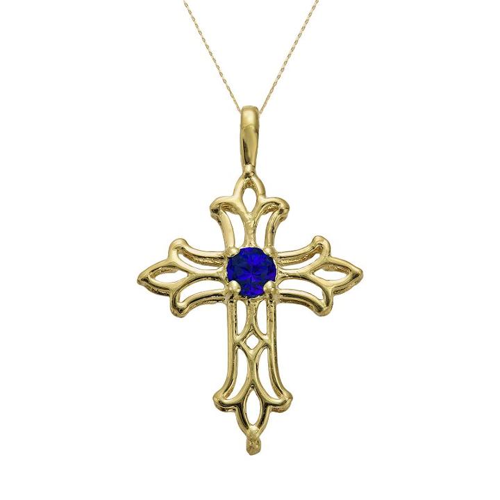 10k Gold Lab-created Sapphire Filigree Cross Pendant, Women's, Size: 18, Blue