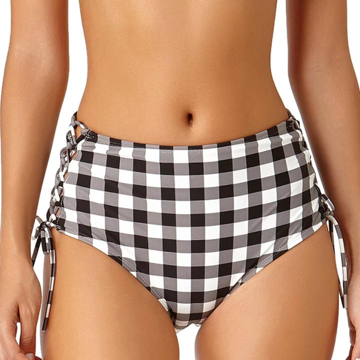 Juniors' California Sunshine Gingham Lace Up High-waisted Bikini Bottoms, Women's, Size: Medium, Black
