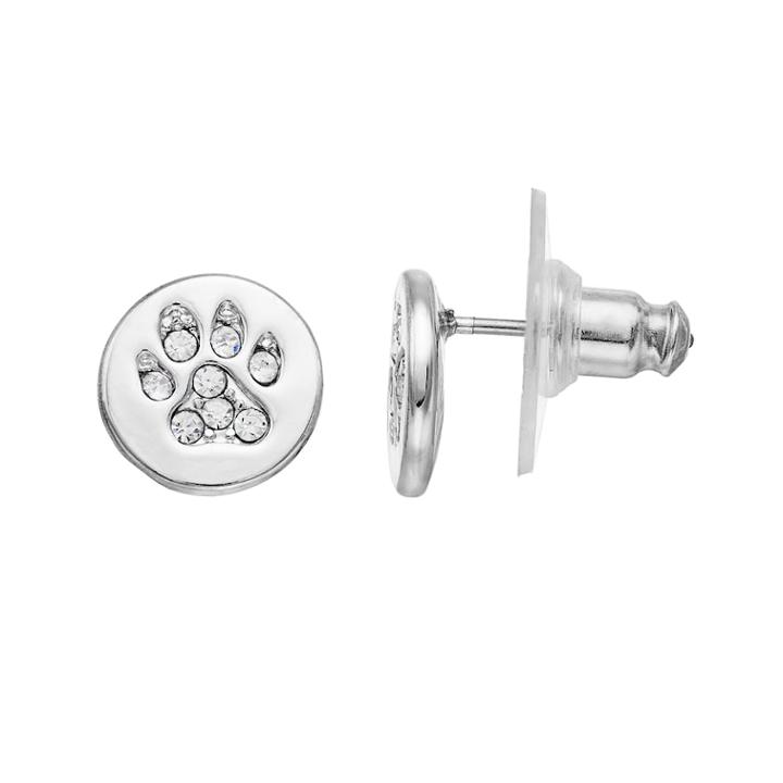 Simulated Crystal Paw Print Disc Stud Earrings, Women's, Silver