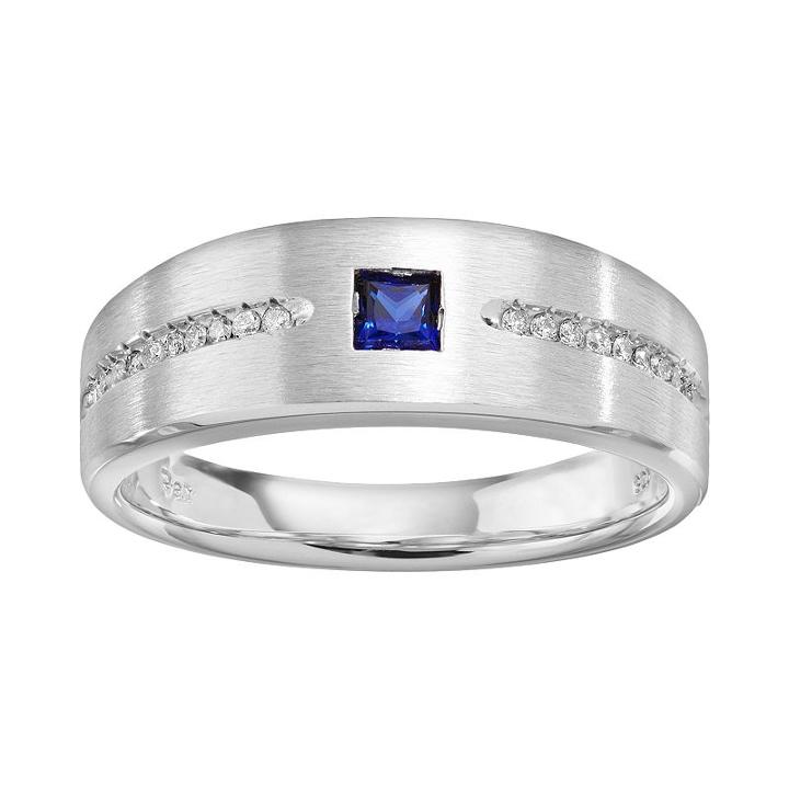 Lab-created Sapphire And 1/10 Carat T.w. Diamond Sterling Silver Wedding Ring - Men, Blue