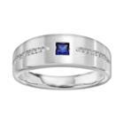 Lab-created Sapphire And 1/10 Carat T.w. Diamond Sterling Silver Wedding Ring - Men, Blue