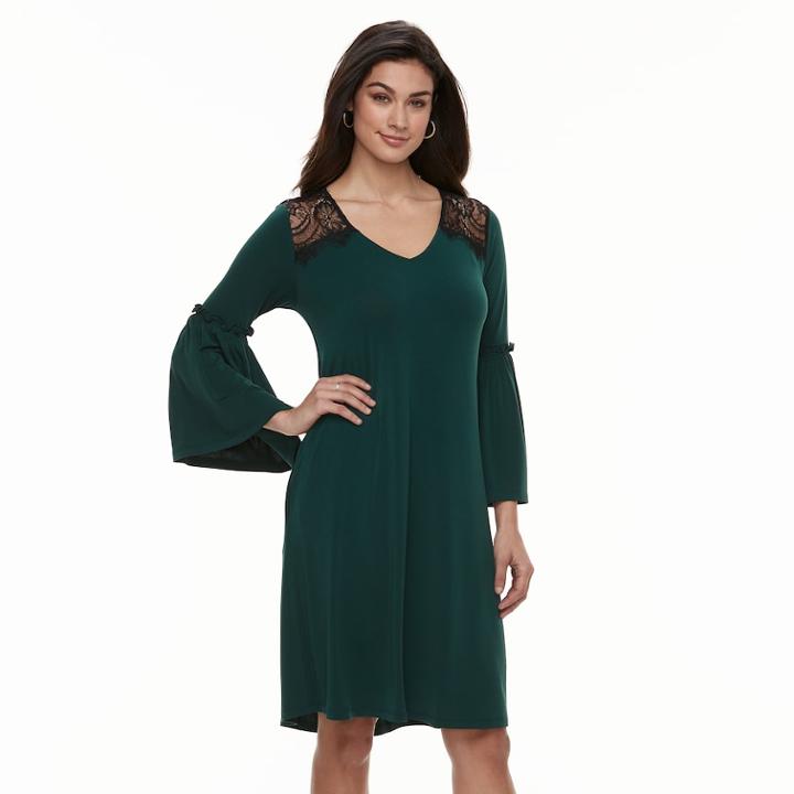 Women's Nina Leonard Bell Sleeve Crepe Shift Dress, Size: Medium, Green