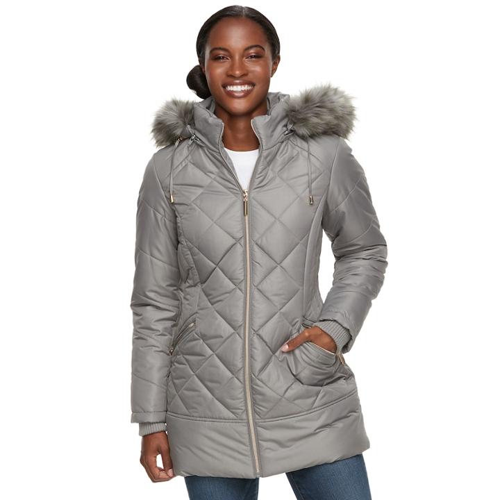 Women's D.e.t.a.i.l.s Hooded Quilted Walker Jacket, Size: Xl, Light Grey