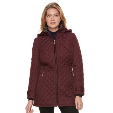 Women's Weathercast Quilted Faux-fur Trim Jacket, Size: Medium, Dark Red
