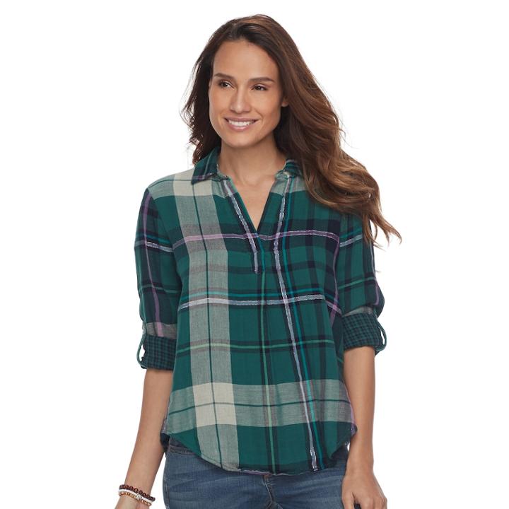 Petite Sonoma Goods For Life™ Plaid Splitneck Shirt, Women's, Size: Xl Petite, Dark Blue