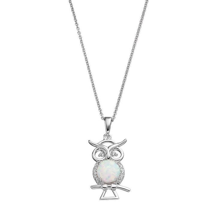 Sterling Silver Lab-created Opal & White Sapphire Owl Pendant, Women's, Size: 18