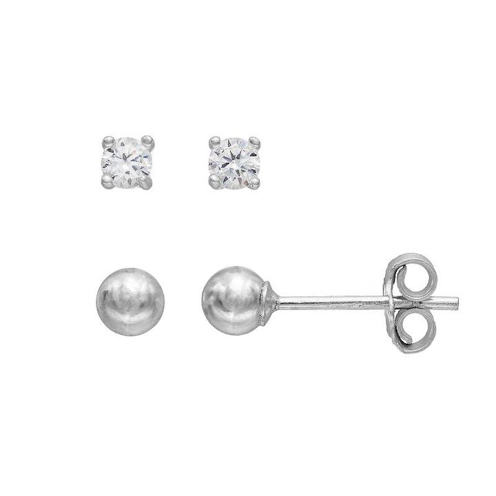 Primrose Sterling Silver Cubic Zirconia Ball Stud Earring Set, Women's, White