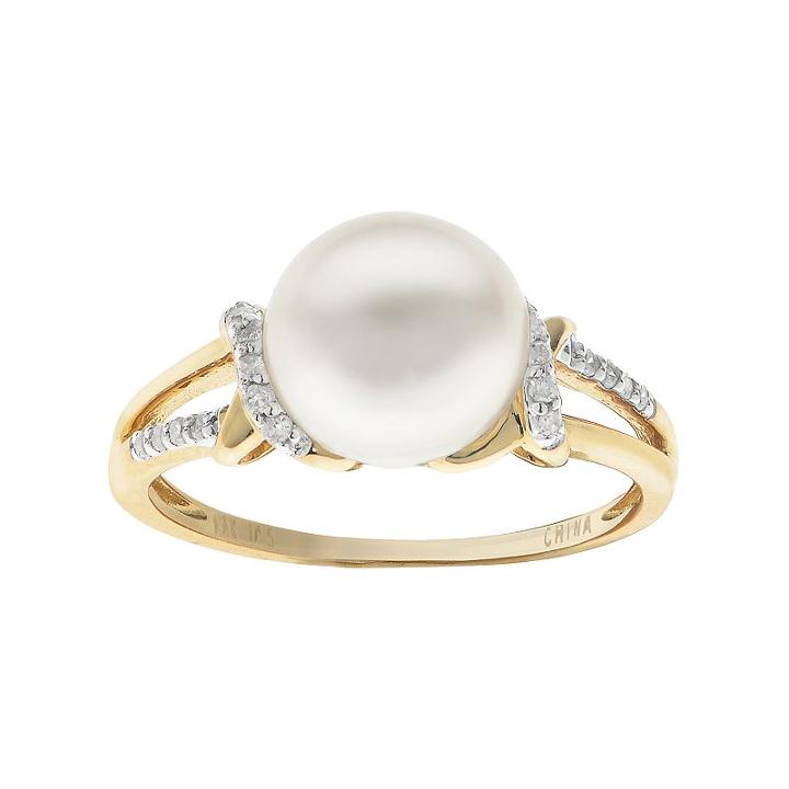 Pearlustre By Imperial 10k Gold Freshwater Cultured Pearl & 1/10 Carat T.w. Diamond Ring, Women's, Size: 7, White