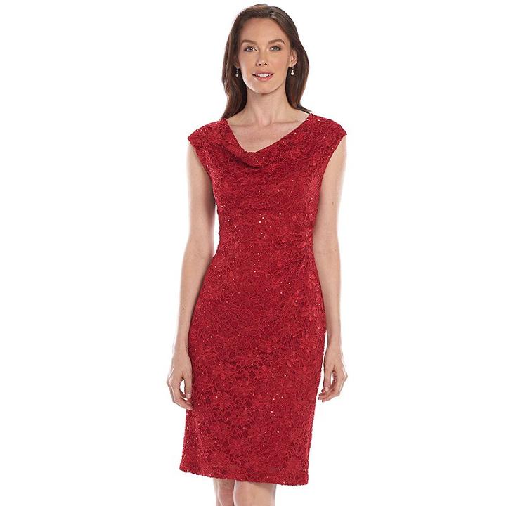Connected Apparel Sequined Drapeneck Lace Dress - Women's, Size: 12, Red