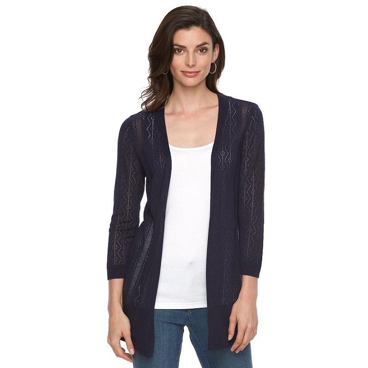 Women's Croft & Barrow&reg; Pointelle Open-front Cardigan, Size: Large, Blue