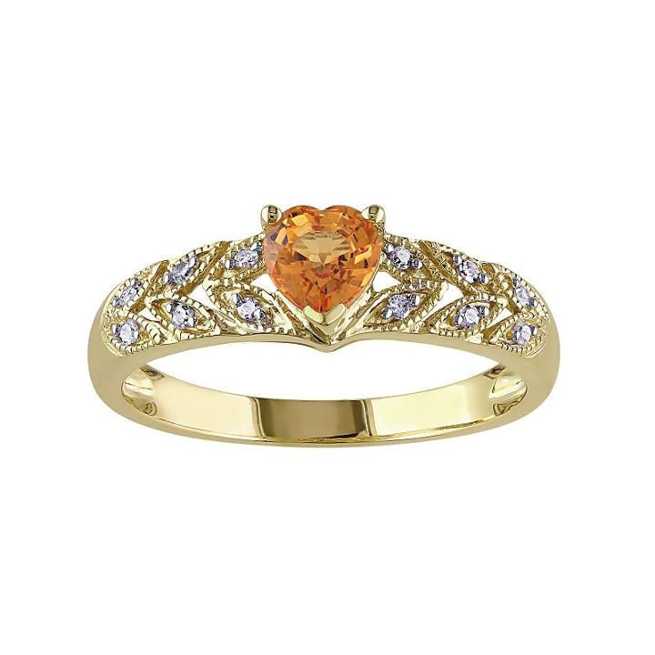Orange Sapphire & Diamond Accent 10k Gold Heart Ring, Women's, Size: 7