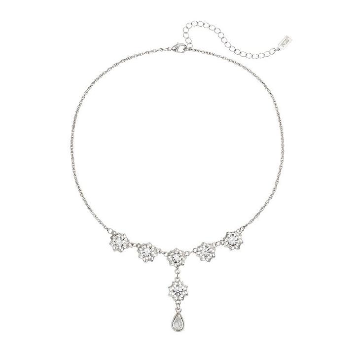 1928 Silver Tone Crystal Filigree Flower Y Necklace, Women's, Size: 16, Grey