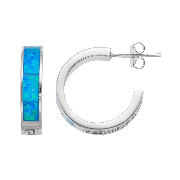 Sterling Silver Lab-created Blue Opal Greek Key Hoop Earrings, Women's