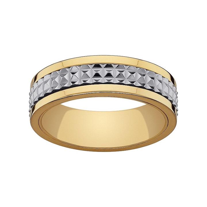Stainless Steel And Yellow Ion-plated Stainless Steel Textured Spinner Wedding Band - Men, Size: 8