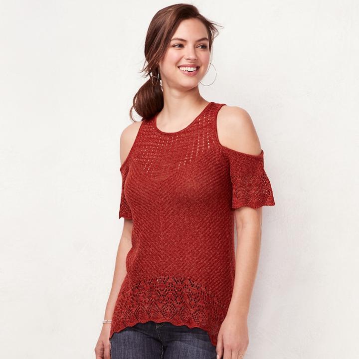 Women's Lc Lauren Conrad Crochet Cold-shoulder Sweater, Size: Small, Med Orange