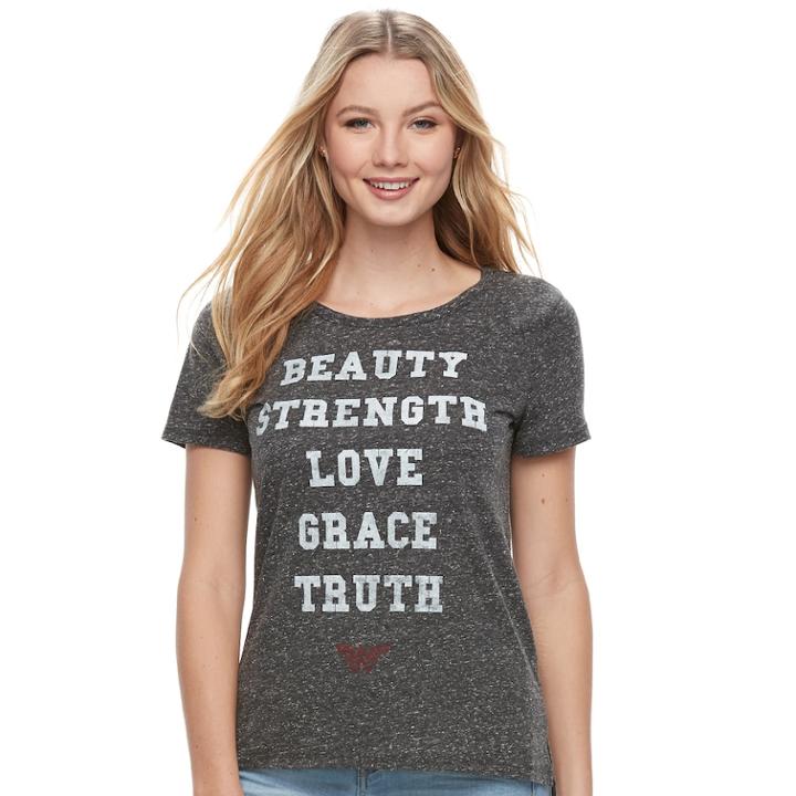 Juniors' Wonder Woman Beauty, Strength, Love Graphic Tee, Size: Large, Black