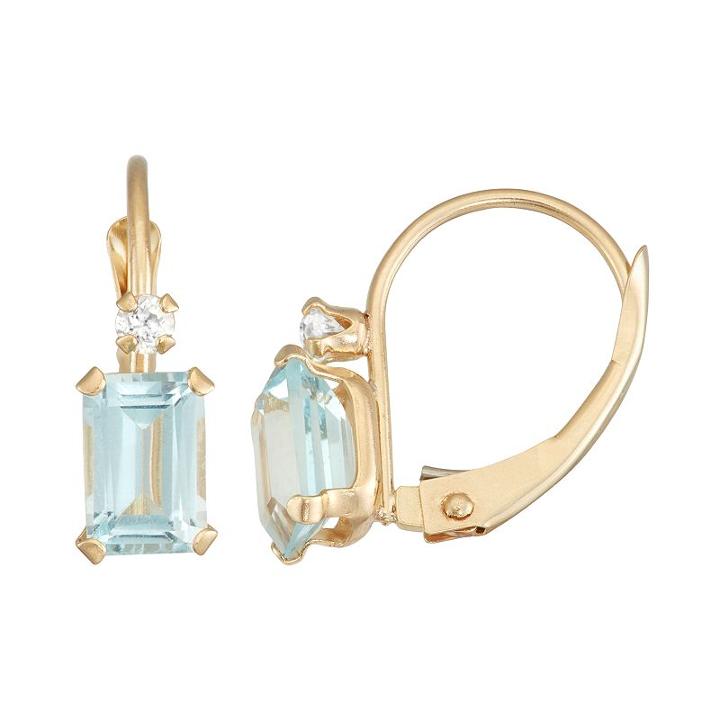 10k Gold Emerald-cut Lab-created Aquamarine & White Zircon Leverback Earrings, Women's, Blue