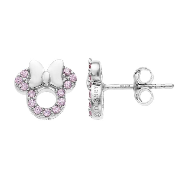 Minnie Mouse Sterling Silver Pink Cubic Zirconia Stud Earrings, Women's
