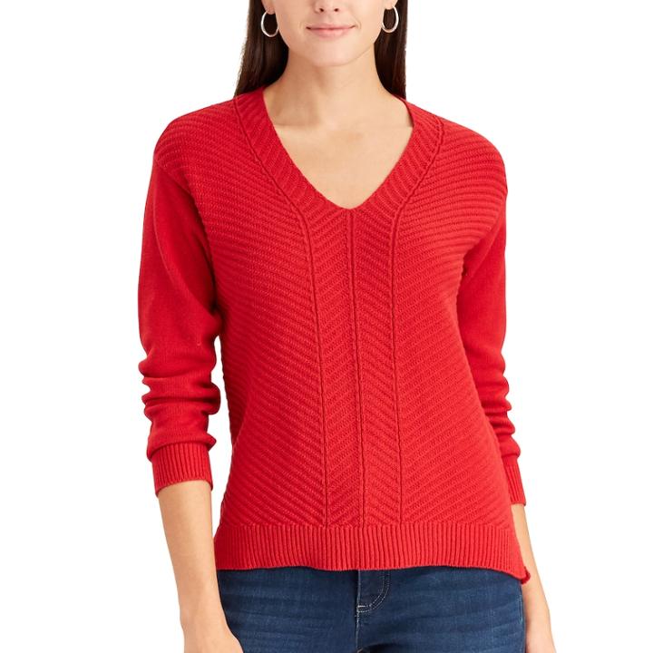 Women's Chaps Chevron V-neck Sweater, Size: Large, Red