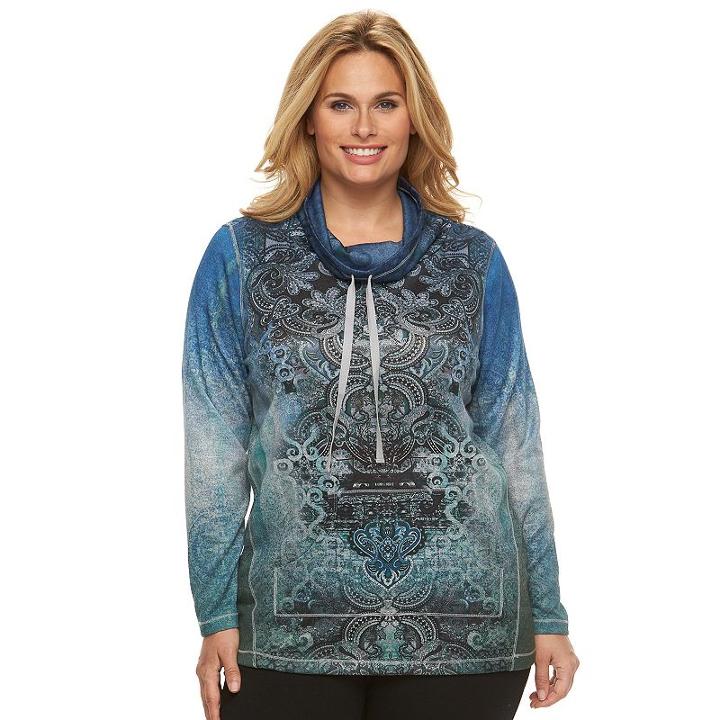 Plus Size World Unity Embellished Graphic Cowlneck Top, Women's, Size: 3xl, Blue Other
