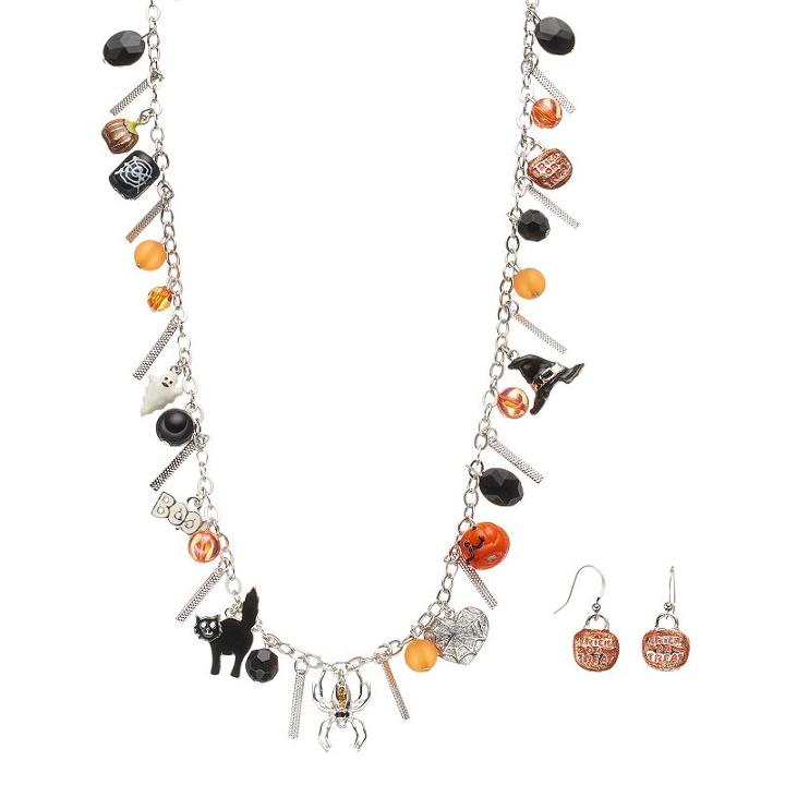 Halloween Charm Long Necklace & Trick Or Treat Earring Set, Women's, Multicolor