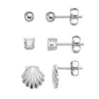 Cubic Zirconia Sterling Silver Seashell & Ball Stud Earring Set, Women's, Grey