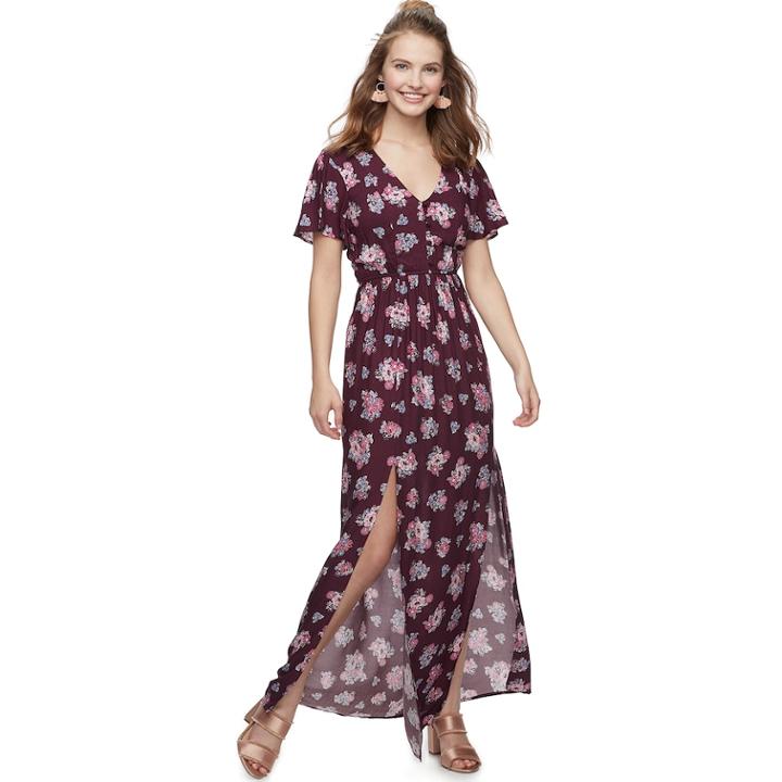 Juniors' Three Pink Hearts Floral Maxi Dress, Teens, Size: Xs, Lt Purple