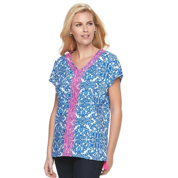 Women's Caribbean Joe Scroll Embroidered Top, Size: Xl, Blue Other