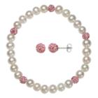 Kids' Sterling Silver Freshwater Cultured Pearl & Pink Crystal Stretch Bracelet & Stud Earring Set, Women's, White