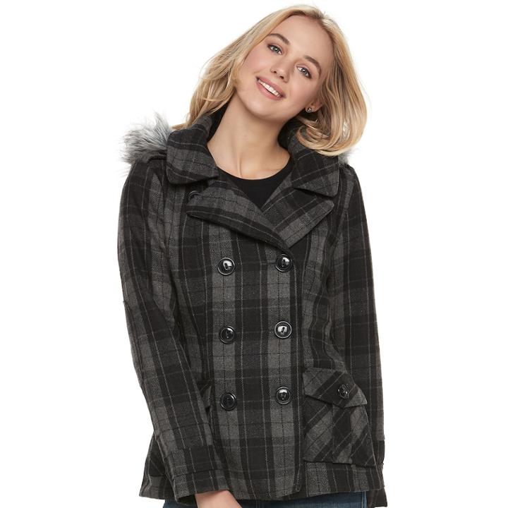 Juniors' Urban Republic Faux-fur Double-breasted Peacoat, Teens, Size: Small, Dark Grey
