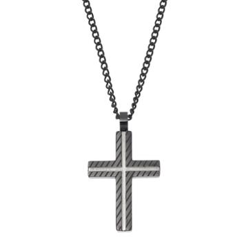 Focus For Men Stainless Steel Textured Cross Pendant Necklace, Black